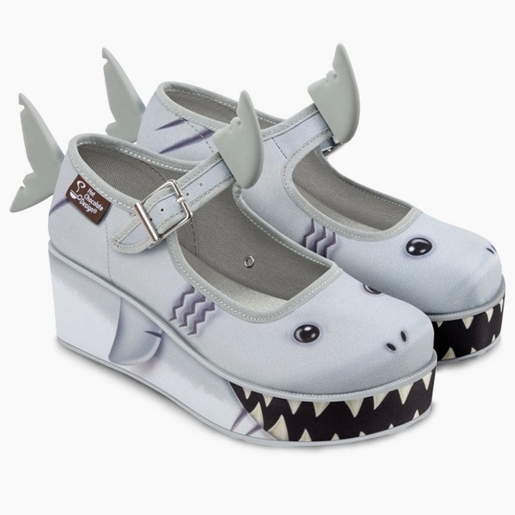 Chocolate Shoes - Unique Smiley Shark Fun Embellished Chunky Platform Closed Toe Mary Jane Wedges